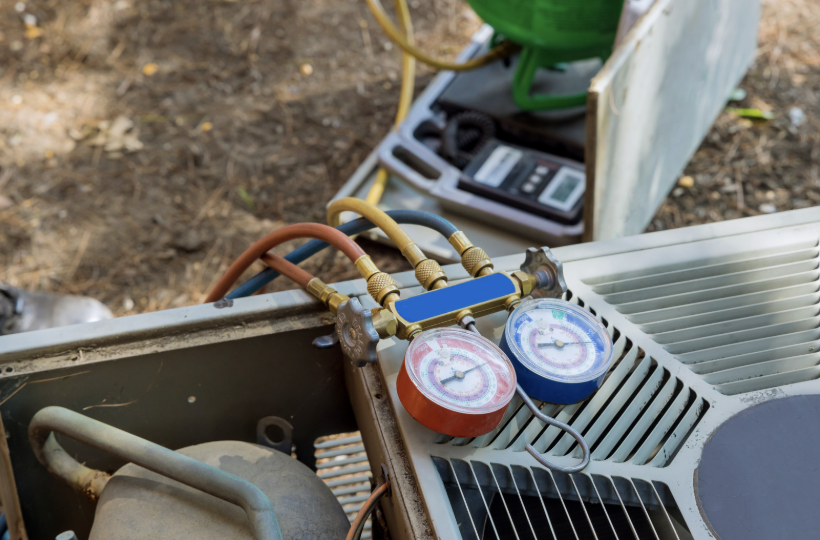Refrigerant manifold gauges connected to an outdoor A/C unit during service